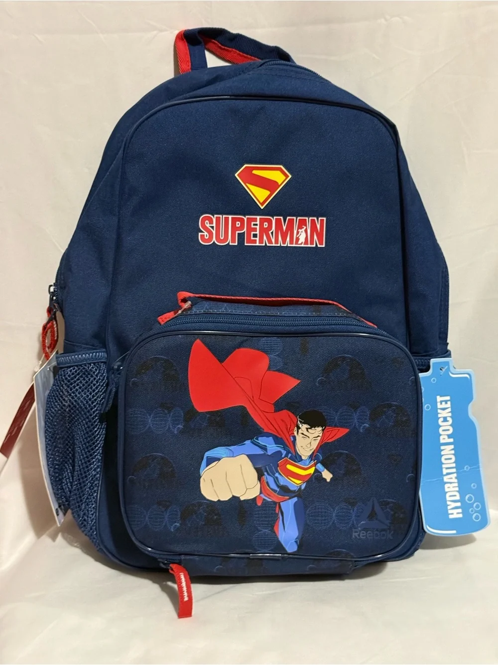 Reebok Superman Kids Backpack Graphic Print Pockets Adjustable Strap W/ Lunchbox